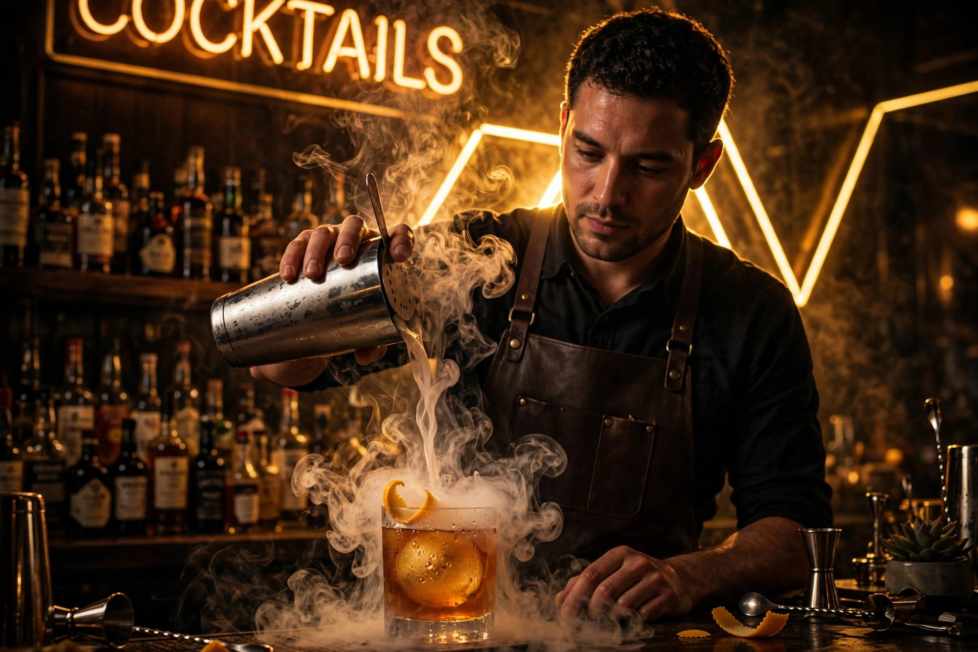Bartender pouring a craft cocktail at Karamelo Bar and Kitchen