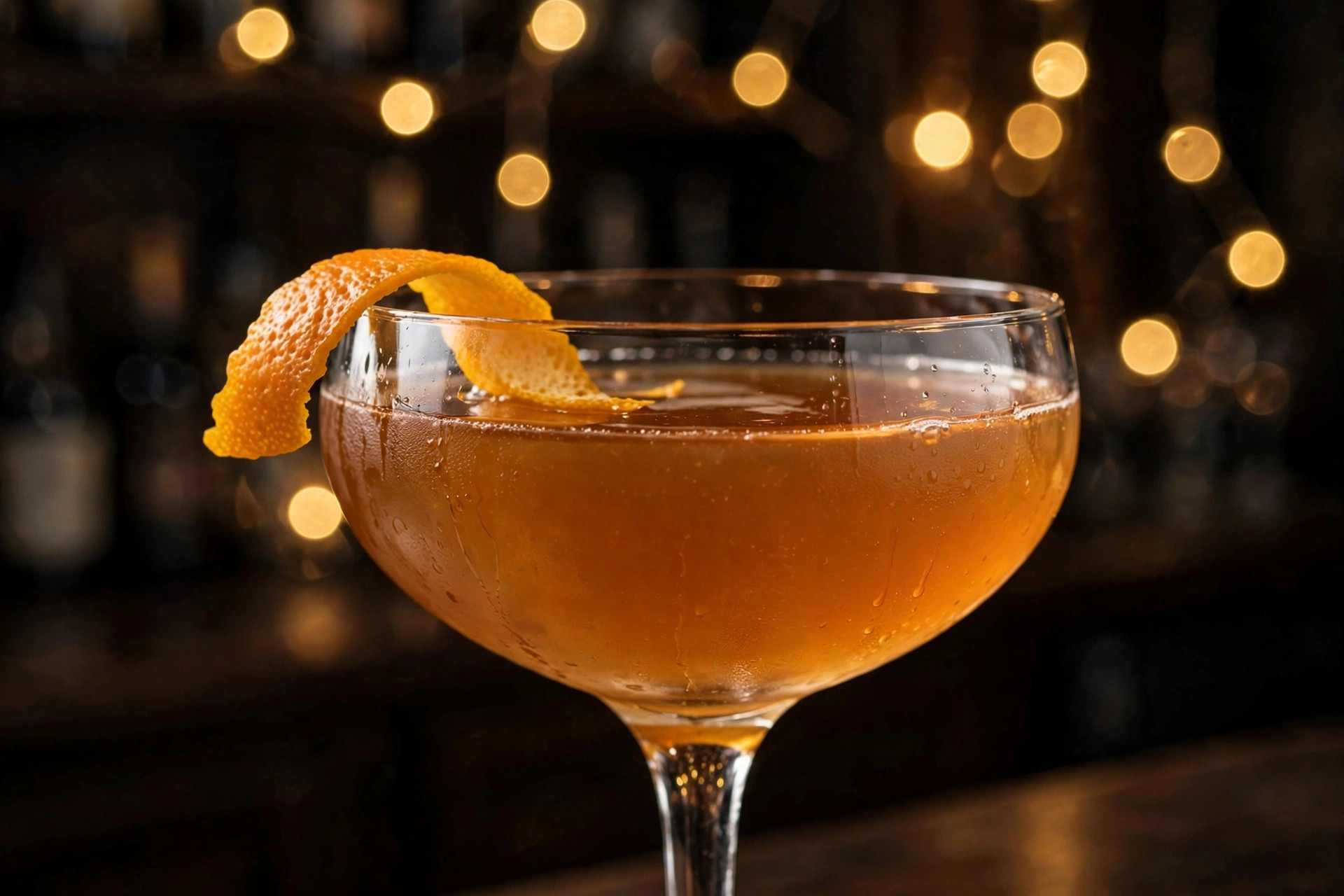 Signature craft cocktail with amber glow at Karamelo lounge Inwood