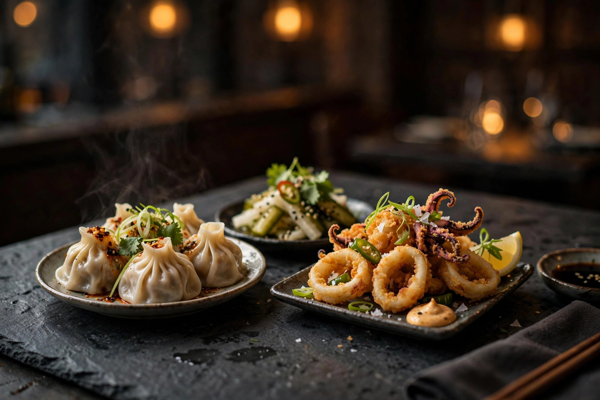 Asian-fusion small plates — dumplings and calamari — at Karamelo Bar and Kitchen