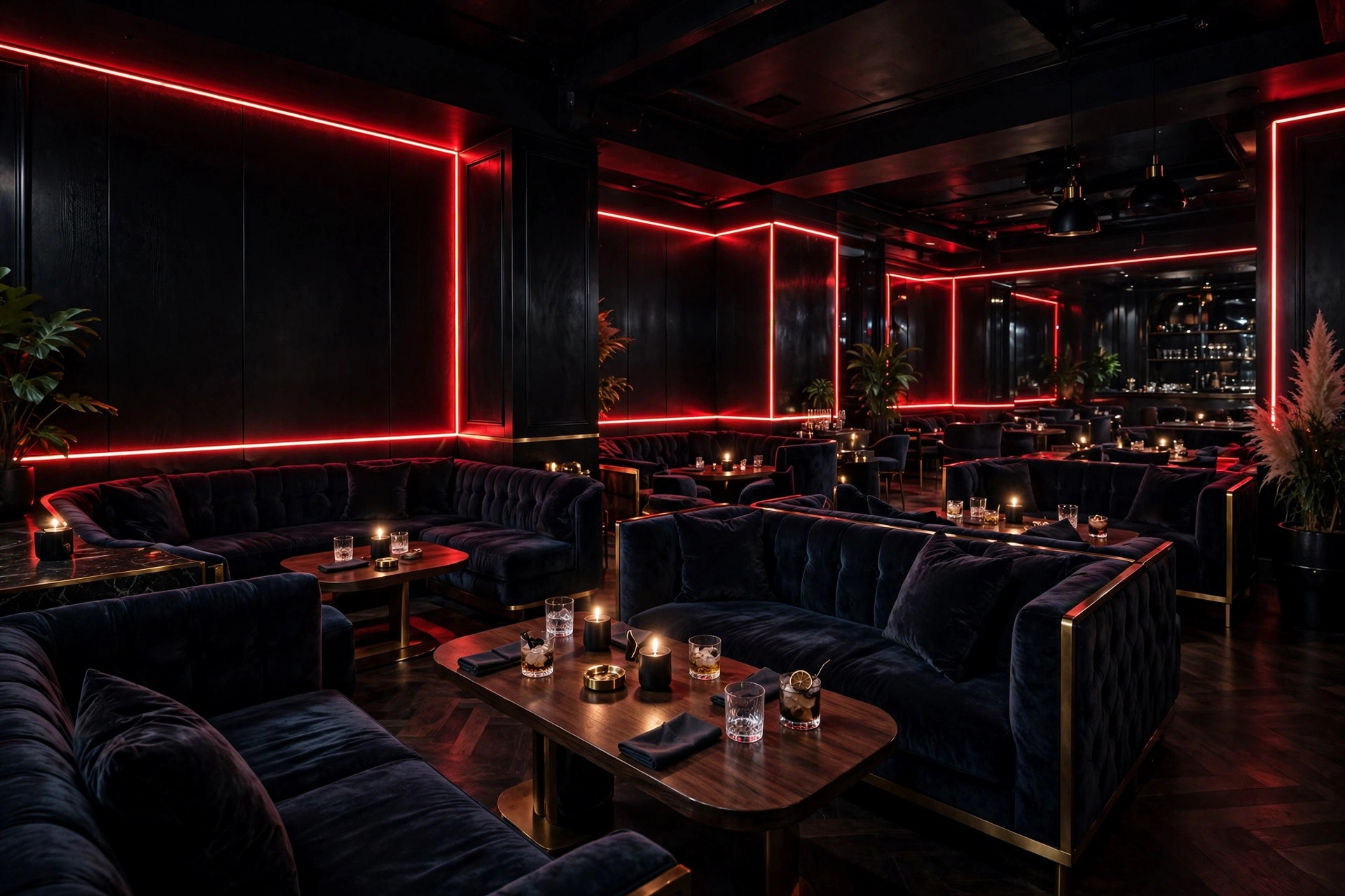 Plush lounge seating at Karamelo Bar & Kitchen in Inwood NYC with deep red neon lighting
