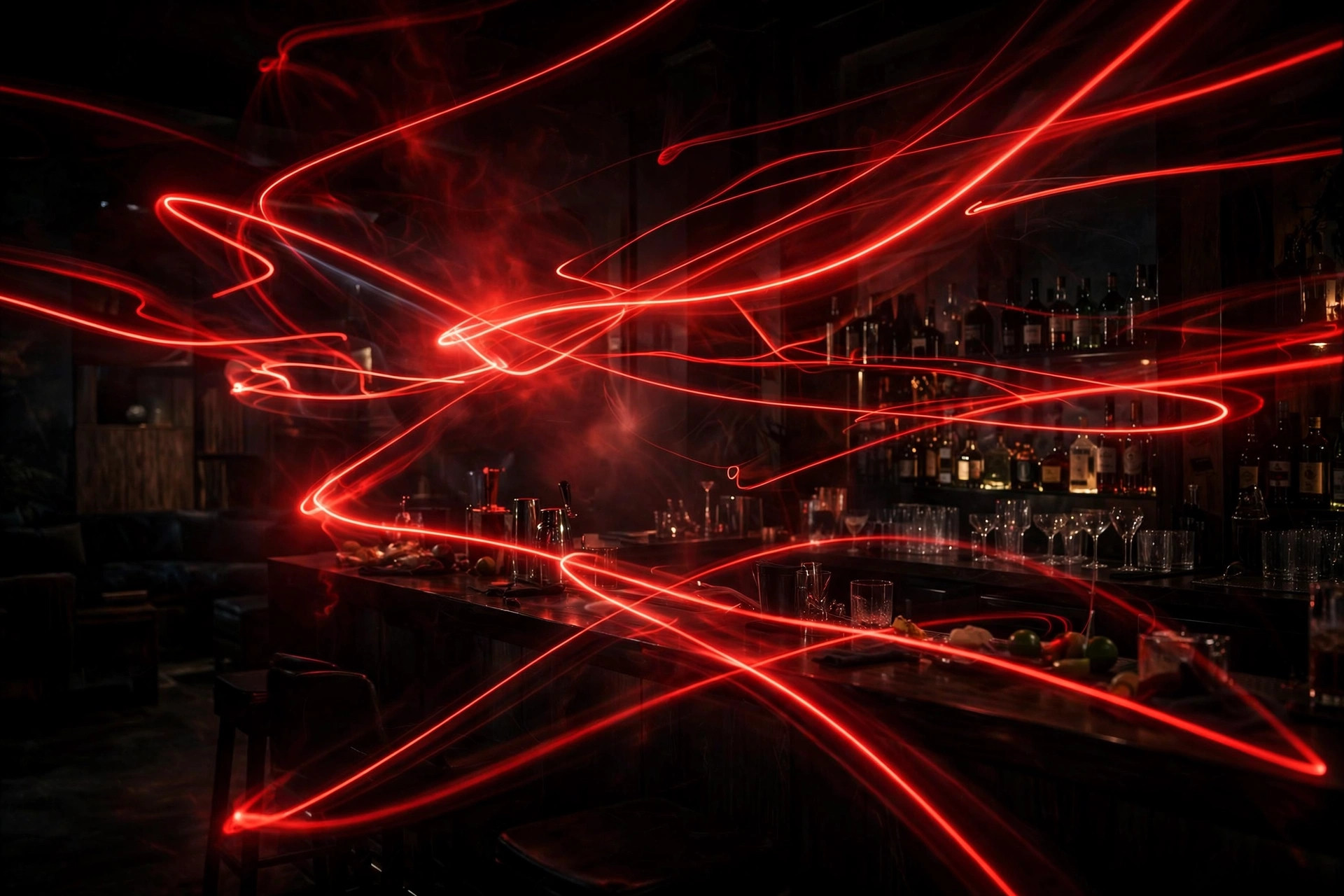 Deep red neon glow inside Karamelo Bar and Kitchen lounge
