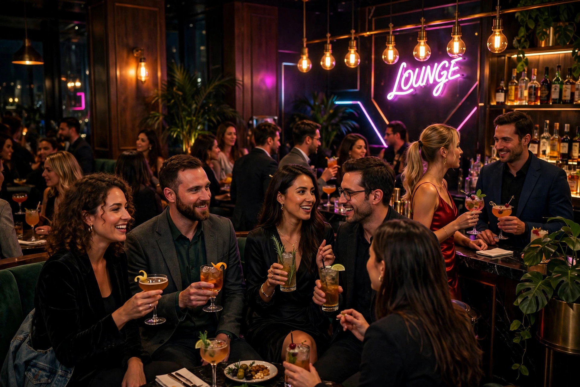 Nightlife crowd enjoying cocktails at Karamelo lounge in Inwood NYC