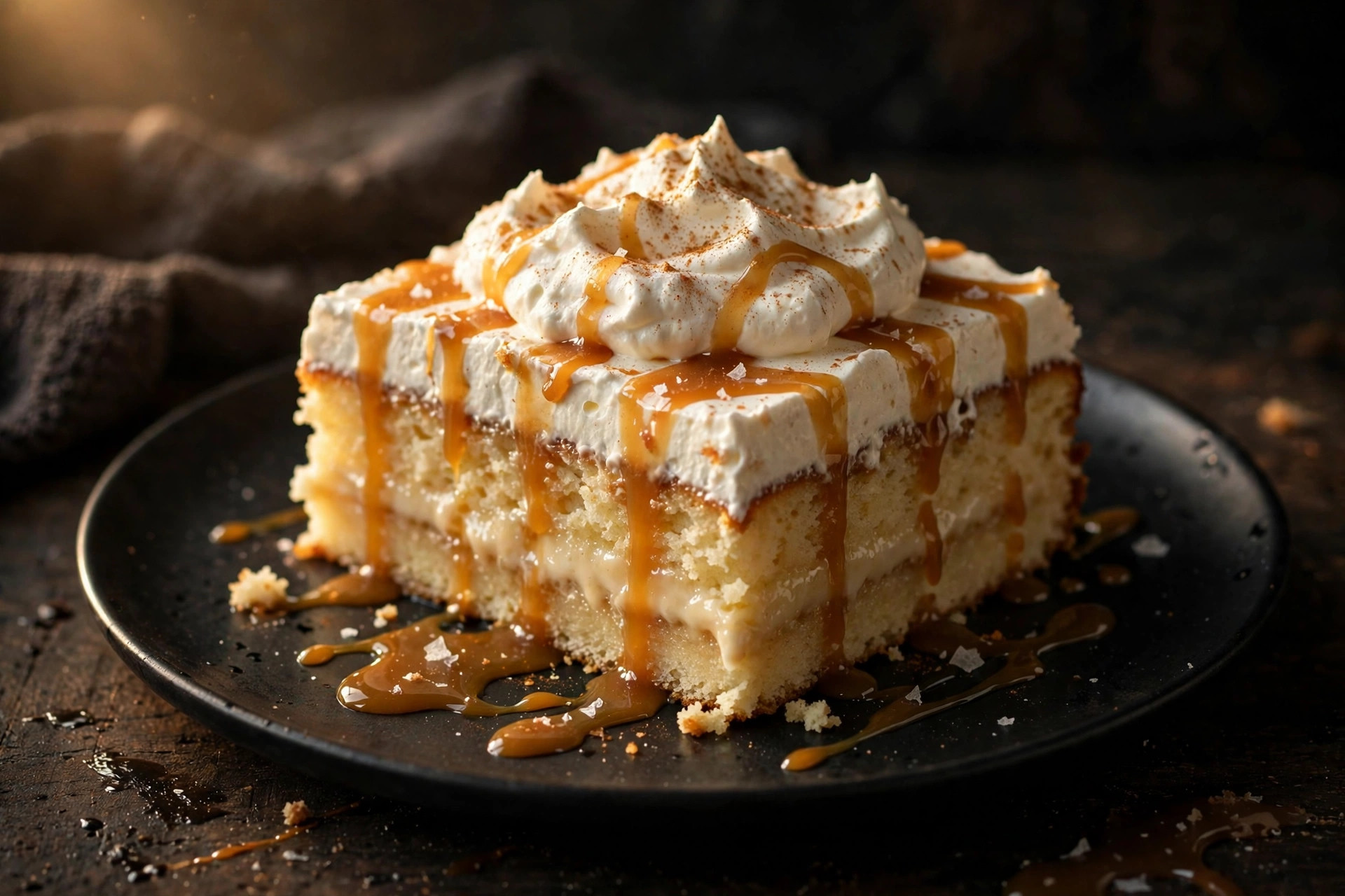 Tres leche dessert with caramel drizzle at Karamelo Bar and Kitchen